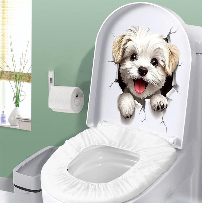 Iprokiu Cute Animal Toilet Sticker Waterproof 3D Funny Dog Cracking Toilet Seat Lid Decal Bathroom Wall Sticker Squirrel Toilet Lid Decal Home Decoration (White Dog) - Image 5